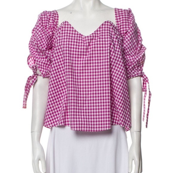 Caroline Constas Tops - Caroline Constas Pink Gingham Off-the-Shoulders Puff-Sleeve Blouse